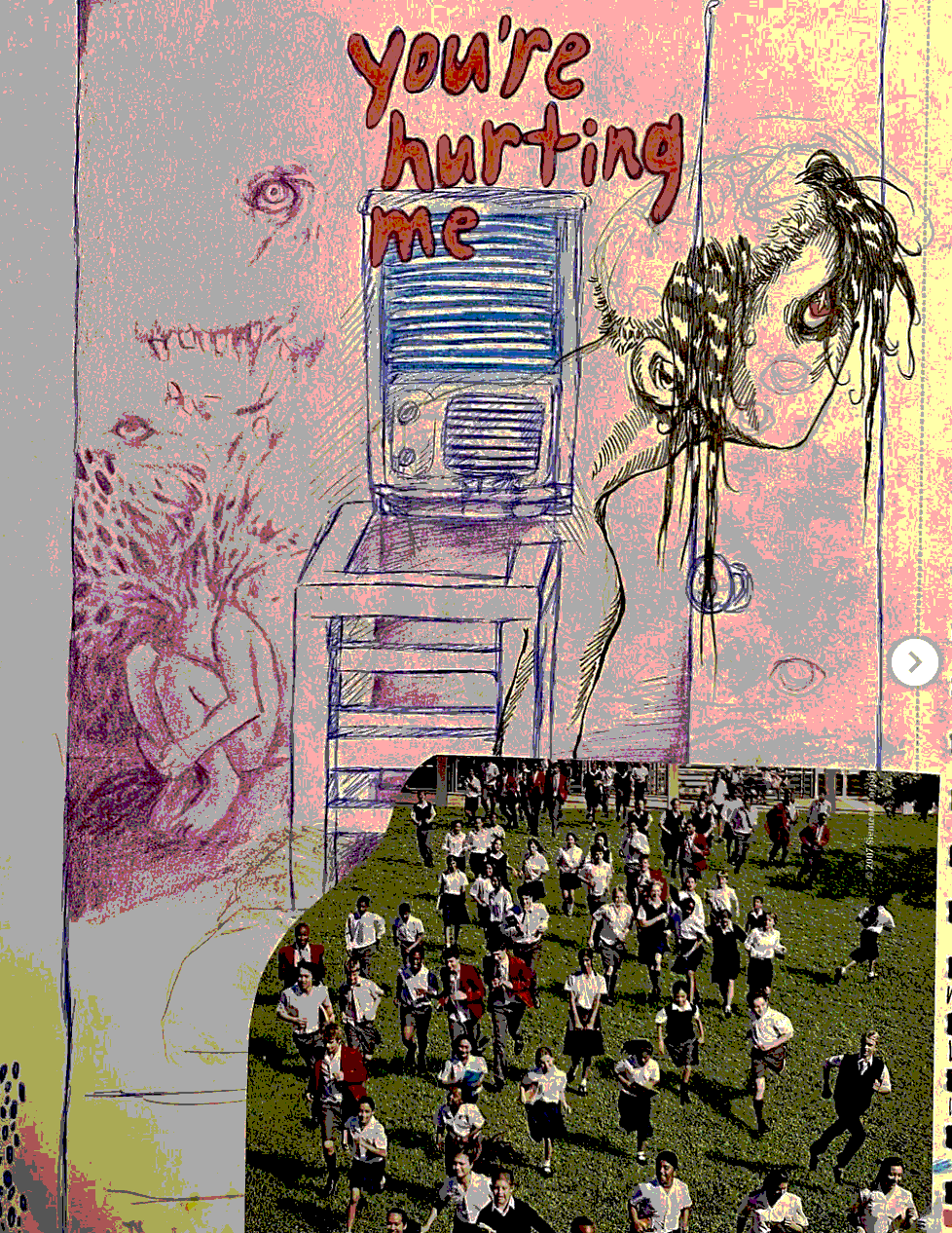 old sketchbook page with a photo collage of school children running, a drawn portrait, a drawn air conditioner and window, and text that says 'you're hurting me'