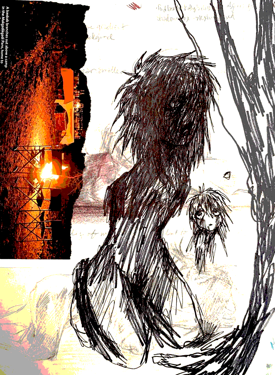 old sketchbook page with a photo collage of a blazing firepit at night, an armless figure drawn in black marker, and other indecipherable squiggles